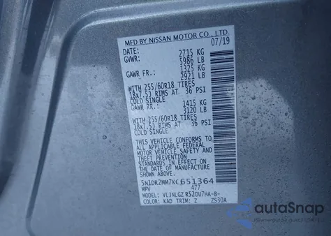 2019 Nissan Pathfinder Sl z USA, uszkodzony, nr VIN 5N1DR2MM7KC651364